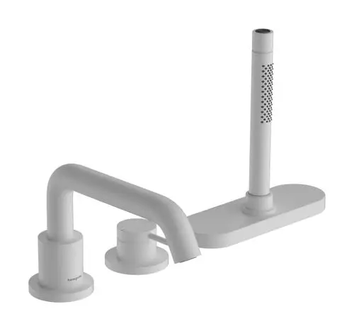 Hansgrohe Wannenrandmischer in Mattweiß mit einem langen, gebogenen Auslauf und zwei Drehgriffen zur Steuerung des Wasserflusses.
